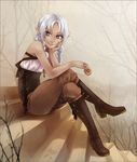  bare_tree boots braid chin_rest cookie copyright_request crossed_legs dark_skin food high_heels jam_cookie long_hair looking_at_viewer meago outdoors pants pointy_ears purple_eyes sitting sitting_on_stairs smile solo stairs tree twintails 