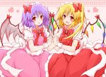  adapted_costume bat bat_wings bow dress fang flandre_scarlet flandre_scarlet_(bat) hair_bow hat heart highres holding_hands karamoneeze looking_at_viewer maid_headdress multiple_girls open_mouth pink_dress polka_dot polka_dot_background purple_hair red_dress red_eyes remilia_scarlet remilia_scarlet_(bat) sash siblings side_ponytail sisters sitting smile thighhighs touhou wing_ribbon wings wrist_cuffs 