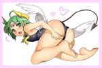  ahoge androgynous angel_wings ark_mateus ass blush demon_tail forehead_jewel frame green_eyes green_hair hands_on_ass heart horns looking_at_viewer looking_back male_focus open_mouth otoko_no_ko pointy_ears shinrabanshou short_hair simple_background solo swimsuit tail wadani_hitonori wings 