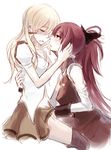  blonde_hair die_(die0118) fingering long_hair magical_girl mahou_shoujo_madoka_magica multiple_girls red_eyes red_hair ribbon sakura_kyouko short_hair skirt tomoe_mami yuri 