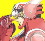  barnaby_brooks_jr blonde_hair green_eyes ko-ma-me male_focus power_armor power_suit simple_background solo superhero tiger_&amp;_bunny yellow_background 