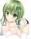  bad_id bad_pixiv_id bare_shoulders black_panties blush breasts chimunge cleavage collarbone frog_hair_ornament green_eyes green_hair hair_ornament highres kochiya_sanae large_breasts long_hair looking_at_viewer naked_shirt nipples open_clothes open_mouth open_shirt panties shirt sitting snake snake_hair_ornament solo thighhighs touhou underwear wariza white_legwear 