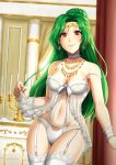  1girl absurdres adricarra breasts brown_eyes candle candlestand choker circlet cleavage closed_mouth earrings elincia_ridell_crimea fire_emblem fire_emblem:_souen_no_kiseki frilled_choker frills green_hair highres jewelry lingerie long_hair medium_breasts navel nintendo smile solo underwear 