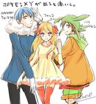  2boys bad_id bad_pixiv_id blonde_hair blue_hair blush_stickers brown_eyes brown_hair chespin dress fennekin froakie fur_collar gen_6_pokemon hood hoodie long_hair multicolored_hair multiple_boys orange_eyes orange_hair orange_legwear personification pokemon shorts tabi_(kikuno) thighhighs two-tone_hair yellow_eyes 