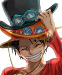  adjusting_clothes adjusting_hat black_hair closed_eyes collarbone goggles goggles_on_headwear grin hat hat_tip male_focus monkey_d_luffy one_piece scar simple_background smile solo stacked_hats straw_hat top_hat 