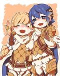  1boy 1girl alfonse_(fire_emblem) armor belt blonde_hair blue_eyes blue_hair braid brother_and_sister brown_gloves cape crown_braid eyes_closed fire_emblem fire_emblem_heroes gloves gradient_hair hair_ornament long_hair long_sleeves multicolored_hair nintendo open_mouth pink_hair sharena short_hair shunrai siblings skirt v white_skirt 