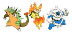  chespin claws concept_art crossed_arms facial_hair fennekin fire froakie gen_6_pokemon kanemaki_thomas no_humans one_eye_closed orange_eyes pokemon pokemon_(creature) simple_background spikes tail white_background yellow_sclera 