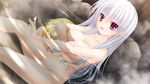  blue_eyes breasts game_cg highres justy_x_nasty large_breasts long_hair mikagami_mamizu navel nipples nude onose_mana onsen partially_submerged purple_eyes sitting smile steam wallpaper water wet white_hair 