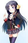  black_hair breasts cleavage hair_ribbon highres kurugaya_yuiko little_busters! long_hair medium_breasts mushuu purple_eyes ribbon school_uniform solo thighhighs zettai_ryouiki 