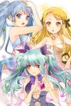  :o aqua_hair arm_up armpits bangs bare_shoulders blonde_hair blue_eyes blue_hair blush bow braid breasts cleavage collarbone frown hair_bow hair_ribbon hand_on_own_head hands_on_hips heart heart_hands long_hair lowres medium_breasts multiple_girls open_mouth parted_bangs pink_eyes pleated_skirt ribbon single_braid skirt star strapless sword_girls thighhighs twintails tyuhus very_long_hair white_legwear yellow_eyes 