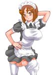  1girl balls big_breasts big_penis breasts brown_eyes brown_hair futanari large_breasts large_penis lowres maid maruchiro maruchiro_maid penis short_hair simple_background solo testicles 