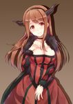  blush breast_suppress breasts choker cleavage demon_girl fur_trim hairband horns hyuuga_azuri large_breasts light_smile long_hair looking_at_viewer maou_(maoyuu) maoyuu_maou_yuusha red_eyes red_hair smile solo 