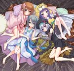  barefoot bed blue_hair brown_eyes brown_hair elbow_gloves facial_mark feet fingerless_gloves fishnets flower gloves grey_hair hachisuka_goemon hair_flower hair_ornament hat holding_hands hood japanese_clothes kimono long_hair lying maeda_inuchiyo multiple_girls nene_(oda_nobuna_no_yabou) ninja oda_nobuna_no_yabou on_back on_side onmyouji pillow red_eyes scarf sentaro short_hair short_kimono shorts silver_hair skull sleeveless sleeveless_kimono smile takenaka_hanbee_(oda_nobuna_no_yabou) tiger_hood twintails yukata 