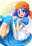  apron bandana barefoot blue_eyes blush dragon_quest dragon_quest_ix dress highres konpeto non-web_source puffy_short_sleeves puffy_sleeves purple_hair rikka_(dq9) short_sleeves solo 