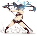  antenna_hair bikini_top black_eyes black_rock_shooter black_rock_shooter_(character) blue_eyes blue_hair boots burning_eye full_body long_hair midriff navel plump scar sheath shorts simple_background solo sword twintails unsheathing weapon white_background zako_(arvinry) 