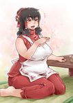  adapted_costume apron barefoot black_hair bow breasts brown_eyes cookie_(touhou) hair_bow hair_tubes hakurei_reimu kanna_(cookie) large_breasts pants plump ponytail ribbed_sweater sitting sleeveless solo sweater table tatami thick_eyebrows tobatoinu touhou wariza 