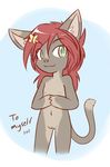  cat cute english_text feline female flat_chested green_eyes hair looking_at_viewer mammal nipples nude plain_background pussy red_hair shouk solo standing text young 