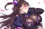  1girl bangs blush breasts brown_hair cleavage closed_mouth corset double_bun dress eyebrows_visible_through_hair eyelashes fate/grand_order fate_(series) frilled_shirt_collar frills hair_between_eyes hair_ornament large_breasts lips long_hair long_sleeves looking_at_viewer murasaki_shikibu_(fate) petals puffy_long_sleeves puffy_sleeves purple_eyes purple_ribbon ribbon ribbon_trim simple_background smile solo striped upper_body vertical_stripes very_long_hair white_background xayux 