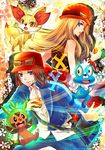  1girl abstract_background bare_shoulders black_eyes black_legwear blue_eyes blush breasts brown_hair calme_(pokemon) chespin copyright_name date female_protagonist_(pokemon_xy) fennekin froakie goggles hat long_hair male_protagonist_(pokemon_xy) orange_eyes pokemon pokemon_(game) pokemon_xy serena_(pokemon) skirt smile thighhighs title_drop yt3 zettai_ryouiki 