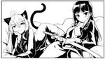  animal_ears bangs blush gloves greyscale hair_down heinrike_prinzessin_zu_sayn-wittgenstein hirschgeweih_antennas long_hair looking_at_viewer lying military military_uniform monochrome mozu_(peth) multiple_girls noble_witches on_back on_side sakamoto_mio scarf smile strike_witches sword tail uniform weapon world_witches_series 
