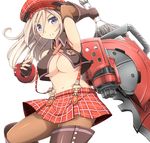  alisa_ilinichina_amiella blue_eyes blush boots breasts cleavage fingerless_gloves gloves god_eater god_eater_burst hat large_breasts long_hair midriff navel pantyhose parted_lips plaid plaid_skirt simple_background skirt solo suspender_skirt suspenders sword thigh_boots thighhighs underboob van-s weapon white_background white_hair 