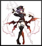  ass back bad_id bad_pixiv_id bat_wings belt black_legwear boots fingerless_gloves flower frame gloves glowing glowing_eyes hat jacket looking_at_viewer looking_back military military_uniform multiple_wings pointy_ears purple_eyes red_eyes red_flower red_rose remilia_scarlet rose shako_cap short_hair short_shorts short_sleeves shorts smile solo spear_the_gungnir thighhighs touhou uniform wadani_hitonori wings 