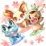  black_eyes blue_eyes blush chespin creature fennekin fox froakie frog no_humans pokemon pokemon_(game) pokemon_xy red_eyes smile white_background wink 