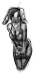  bulge cleavage clothed clothing dare_(artist) dickgirl dress erection greyscale intersex jazminbunni lagomorph legwear looking_at_viewer mammal monochrome penis plain_background rabbit skirt spots stockings surprise white_background 