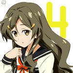  brown_hair hair_ornament hairclip headband kueru_(yuuki_tamerawanai) looking_at_viewer national_shin_ooshima_school_uniform number ponytail school_uniform shinomiya_himawari simple_background solo vividred_operation yellow_eyes 