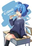  alternate_costume blue_eyes blue_hair bow chair cirno desk food hair_bow long_sleeves looking_at_viewer on_desk popsicle school_desk school_uniform shirt short_hair single_sock sitting skirt socks solo tongue tongue_out touhou wings yui_(daijun) 