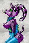  cigarette corset demon dragon female horn looking_at_viewer nipples purple purple_body shiny smoking solo tattoo tentacles zhmernalt 