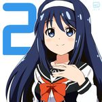  blue_eyes blue_hair futaba_aoi_(vividred_operation) hairband headband kueru_(yuuki_tamerawanai) long_hair looking_at_viewer national_shin_ooshima_school_uniform number school_uniform simple_background smile solo vividred_operation white_hairband 