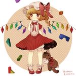  alternate_costume blonde_hair bloomers broken crystal dress flandre_scarlet hat hat_ribbon mary_janes red_eyes ribbon shoes side_ponytail skirt smile solo stuffed_animal stuffed_toy teddy_bear touhou toy underwear wings yujup 