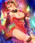  :p armor black_hair blush breasts breasts_outside cum flower hair_ornament highres japanese_armor japanese_clothes kimono large_breasts momohime nipples oboro_muramasa red_eyes short_kimono shoulder_armor sode solo striped striped_legwear sword thighhighs tongue tongue_out uniskie weapon 