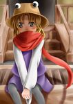  blonde_hair box covered_mouth donation_box grey_eyes hat long_sleeves looking_at_viewer moriya_suwako pantyhose scarf short_hair sitting skirt solo stairs touhou v_arms vest yumemikarasu 