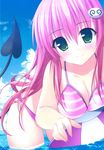  1girl ball beachball bikini blush breasts cleavage cloud clouds fingernails green_eyes highres koyaya lala_satalin_deviluke long_fingernails long_hair looking_at_viewer ocean pink_hair sky smile solano solo swimsuit tail to_love-ru water 