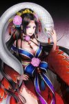  bad_id bad_pixiv_id bare_shoulders black_hair breasts choker cleavage flower hair_ornament japanese_clothes kimono large_breasts long_hair original purple_eyes shainea smile snake 