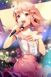  :d bow collarbone frills gilse glowstick hair_bow hair_ornament hairpin hand_on_own_chest holding lowres microphone music open_mouth pink_hair purple_hair red_eyes short_hair short_sleeves singing skirt smile solo striped sword_girls 