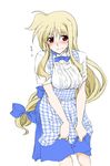  apron blonde_hair blush elf_(stroll_in_the_woods) fate_testarossa highres koubeya_uniform long_hair looking_at_viewer low-tied_long_hair lyrical_nanoha plaid plaid_apron red_eyes simple_background smile solo white_background 