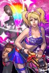  1girl blonde_hair blue_eyes breasts candy chainsaw cheerleader cleavage clothes_writing crop_top food juliet_starling large_breasts lollipop lollipop_chainsaw midriff miniskirt mouth_hold navel nick_carlyle parted_lips rainbow severed_head skirt susan_lau thighhighs twintails 