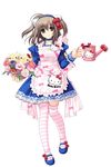  absurdres animal_ears apron bouquet bow brown_eyes brown_hair cat_ears dress flower hello_kitty hello_kitty_to_issho! highres mary_janes nishimata_aoi shoes simple_background striped striped_legwear thighhighs two_side_up watering_can 