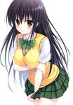  black_hair blush bow bowtie breast_hold breasts embarrassed highres kotegawa_yui koyaya long_hair looking_at_viewer school_uniform simple_background skirt solano solo standing to_love-ru to_love-ru_darkness white_background yellow_eyes 