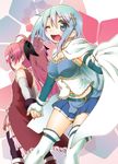  ;d armband bad_id bad_pixiv_id belt blue_eyes blue_hair bow cape gloves hair_bow hair_ornament hairclip holding_hands kogaku_kazuya long_hair magical_girl mahou_shoujo_madoka_magica mahou_shoujo_madoka_magica_movie midriff miki_sayaka multiple_girls one_eye_closed open_mouth ponytail red_eyes red_hair sakura_kyouko short_hair smile soul_gem thighhighs zettai_ryouiki 