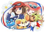  1girl ;) bad_id bad_pixiv_id bano_akira baseball_cap blonde_hair blue_eyes brown_hair calme_(pokemon) chespin eyewear_on_head fennekin froakie gen_6_pokemon hat hat_tip heart heart-shaped_eyewear jitome long_hair one_eye_closed pokemon pokemon_(creature) pokemon_(game) pokemon_xy red_eyes serena_(pokemon) smile sunglasses 