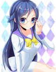  argyle argyle_background avy417 bad_id bad_pixiv_id blue_eyes blue_hair blue_sailor_collar dokidoki!_precure glasses half_updo hishikawa_rikka long_hair looking_at_viewer oogai_daiichi_middle_school_uniform pink-framed_eyewear precure sailor_collar smile solo 