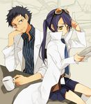  1girl adjusting_goggles black_hair blue_eyes coffee cup fushimi glasses goggles green_eyes hita_(hitapita) kyousougiga labcoat long_hair necktie newspaper pinstripe_pattern ponytail professor_shouko purple_hair school_uniform serafuku skirt striped 