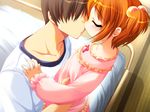  1boy 1girl age_difference bed blue_eyes blush brown_hair child dokidoki_oyakodon emily_(pure_dream) eyes_closed faceless faceless_male flat_chest game_cg kiss loli nemoto_sayaka orange_hair petite shining_star short_hair 