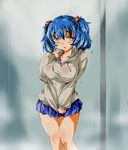  1girl blush breasts gothya highres large_breasts rain solo twintails wet 