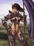  armor black_hair monster_hunter neongun polearm ponytail solo weapon 