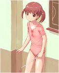  against_wall brown_eyes brown_hair child copyright_request gymnast_leotard gymnastics heika_(heikahp) leaning leotard looking_at_viewer pink_leotard rhythmic_gymnastics ribbon ribbon_baton short_hair short_twintails smile solo sweat twintails 